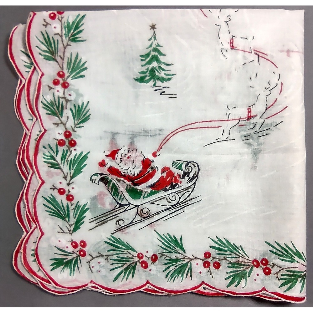 VTG 1950s Christmas Santa in Sleigh Reindeer Hankie 14.5x14.5 Scalloped Edge